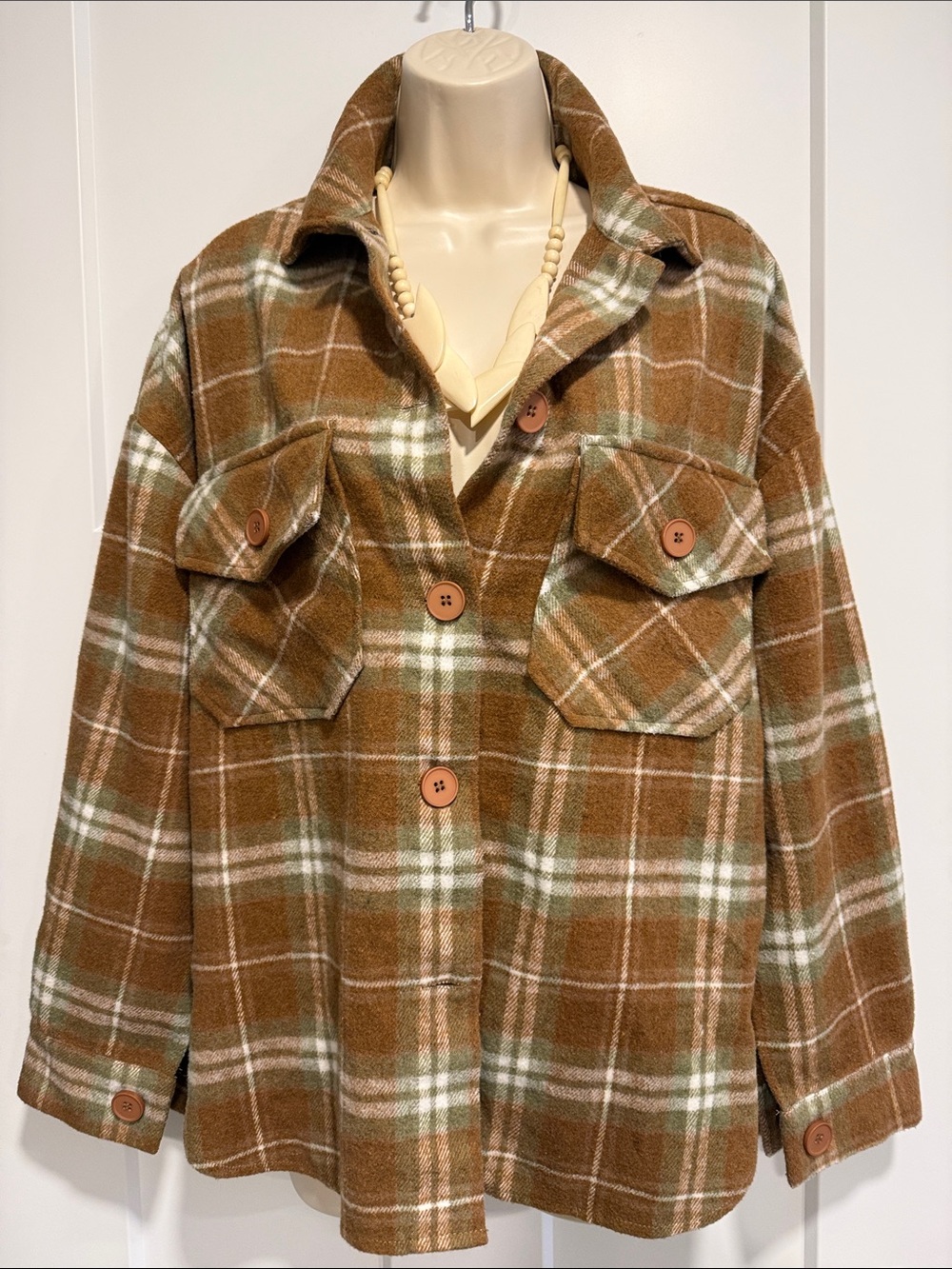 Timing Brown Plaid Shacket Jacket Button Front Utility Pockets Boho Cottagecore